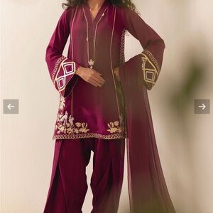 Pakistani designer Annus Abrar Elegant Maroon Embroidered Long Sleeve Dress